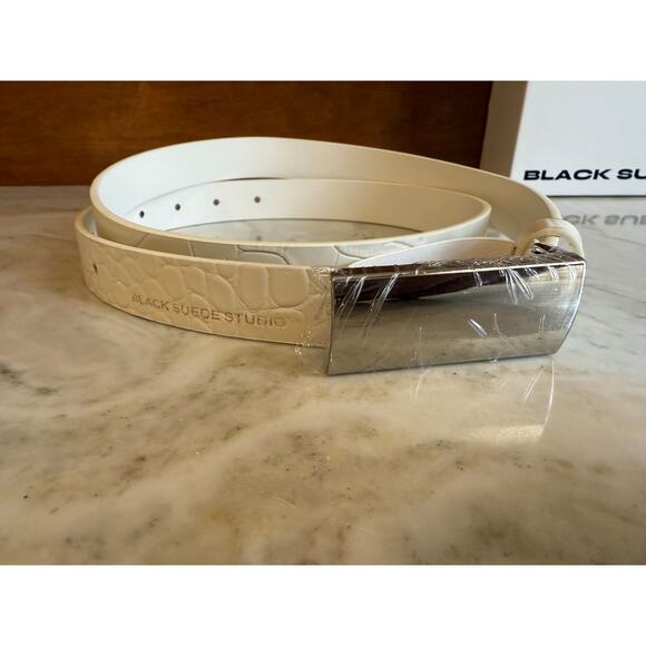 Black Suede Studio Slim Leather City Belt White Croc Silver Buckle M main image 5